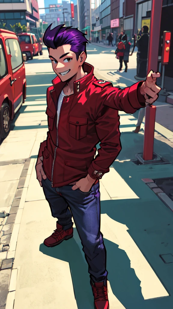 Bad boy, low angle, purple pompadour, red jacket and jeans, looking at camera, smiling, Tokyo city，Pocket Hand、solo