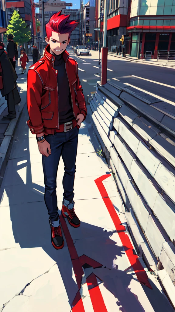Bad boy, low angle, purple pompadour, red jacket and jeans, looking at camera, smiling, Tokyo city，Pocket Hand、solo