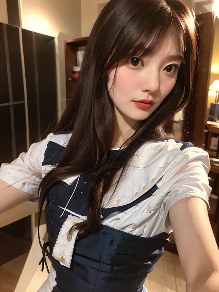 Highest quality, 8K, ,masterpiece :1.3)), In-person audience,((Whole body 1.2)) ,Beautiful woman, Wide Shot ,One girl, , Selfie , Black Hair, Brown Hair , bangs,Highly detailed face, Highly detailed lips, Fine grain, double eyelid