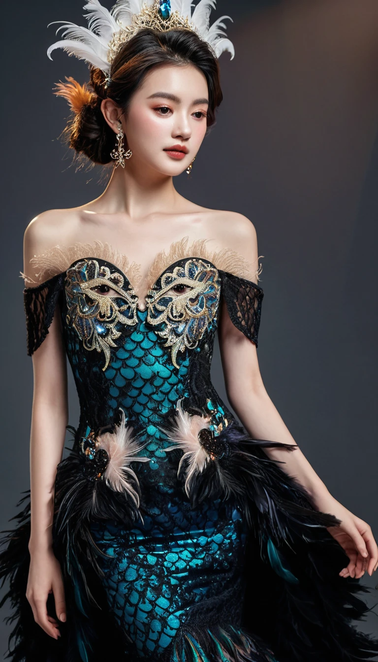 ((night)), Midnight black glamorous evening dress, Intricate lace pattern decorated with masquerade masks and feathers. This dress features an off-the-shoulder design and a mermaid silhouette. Tiny, Luminous mask embedded in lace, Add mystery, Charming touch. Feather headdress with miniature mask ornament，Add the finishing touch to the overall look. Glamorous, Very detailed, complicated设计, Whimsical light, complicated, Reality, masterpiece, high quality, Ultra Detailed, 8K, Volumetric Lighting, Dramatic shadows, 裙子上有complicated褶皱, Luxurious fabrics, Radiant Skin, captivatingexpression, detailed jewellery, Dramatic pose, Elegant hairstyle, Color, High-end fashion photography