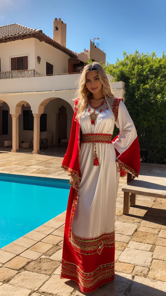 Most beautiful german blonde lady, wearing kabyle robe, kabyledress, amazigh, berber, kabyle outfit, bijoux, house with a pool background, realistic,4k, professional, red robe