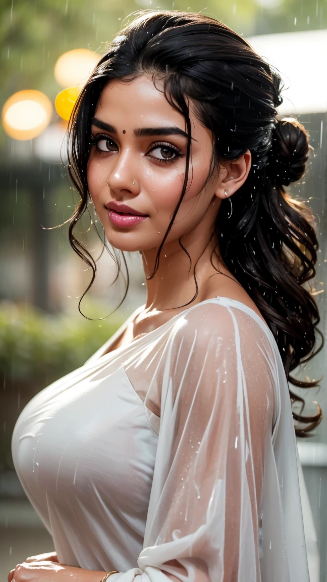 A masterpiece! A stunning Indian girl, her disheveled hair a testament to the torrential rain that surrounds her. Beautiful, detailed eyes sparkle with joy as she gazes directly at the viewer, her long locks tied back in a neat bun. She wears a casual t-shirt, slightly transparent from the wetness, and her medium-round breasts are subtly visible beneath. In a side pose, she revels in the heavy rain shower, her big cheeks flushed with happiness. The street background is a blurred Bokeh, while raindrops glisten on her skin, capturing the essence of a carefree rainy day.rain drops,paid girl , heavy rain, slightly show half nipple , very sexy (conveying love to boy friend) flowers on head 