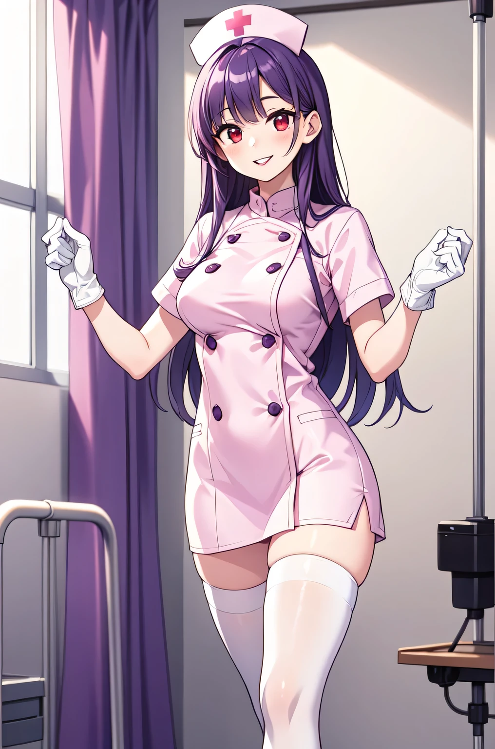 1woman, solo, nurse, white nurse cap, white nurse uniform, ((white legwear, zettai ryouiki)), white gloves, long hair, purple hair, red eyes, pink lips, smile, standing, ((hospital room)), sharp outline, short sleeves, mature female, 35 years old, best quality, masterpiece