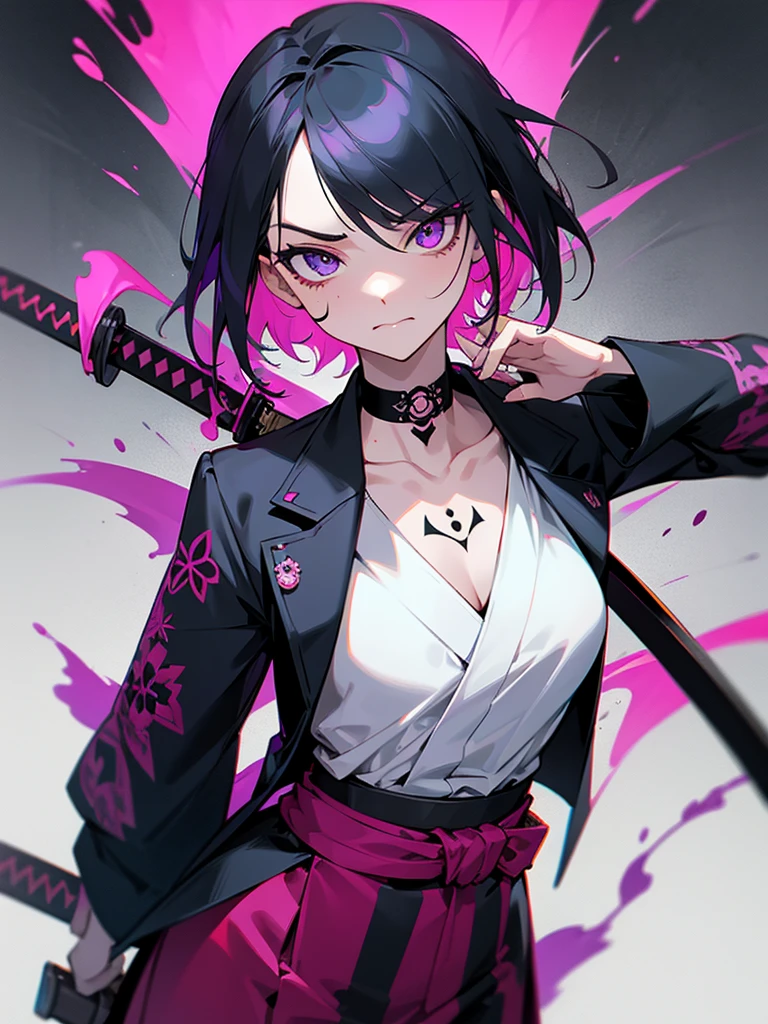 1 woman, wearing a stylish and edgy outfit, the color palette is mainly dark with splashes of vibrant colors, tailored white shirts, fashionable, woman, vibrant, outfit, colorful, accessory, majestic, sharp focus, modern, determined expression, closed one eye, disgusted face, embarrassed, Ink wash painting background, geometry tattoo, (cinematic), elaborate, holding japanese sword, katana, pose, collarbone,