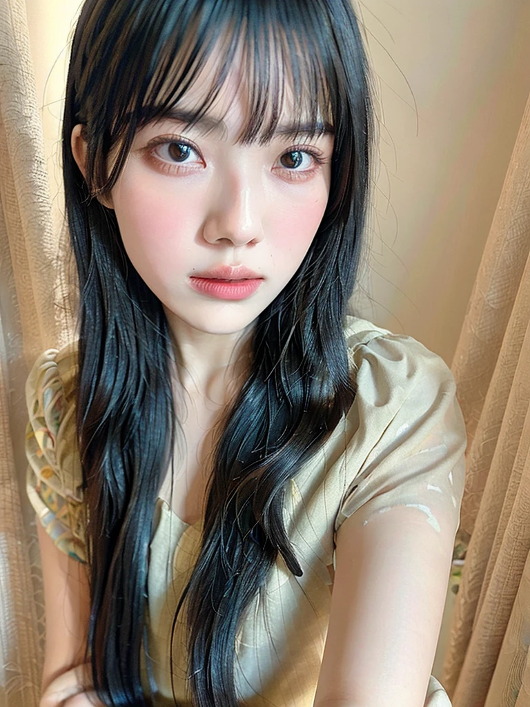 Highest quality, 8K,  ,masterpiece :1.3)), In-person audience,((Whole body 1.2)) ,Beautiful woman, Wide Shot ,One girl, , Selfie   , Black Hair, Brown Hair  , bangs,Highly detailed face, Highly detailed lips, Fine grain, double eyelid