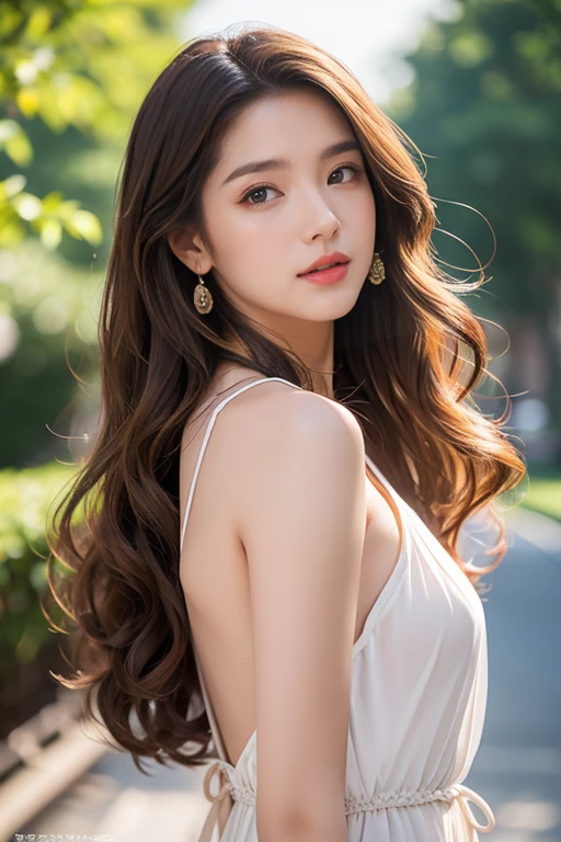 highest quality、4K、Beautiful lady、Perfect Face、Perfect Style、model、perfect body、Sunburn、beautiful lady、mature、long curly layer brown hair、Swept-back hair、full body, sexy 、charming、healthy、dress、poster