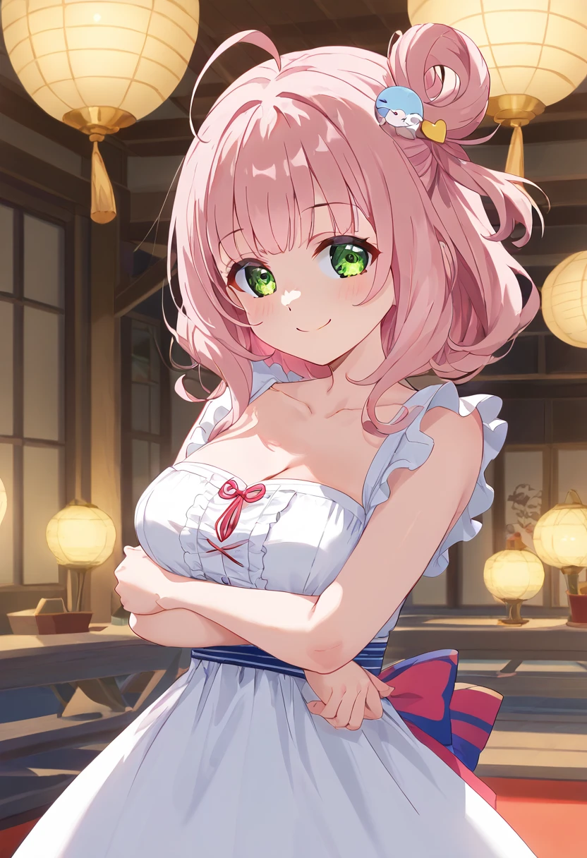 Anya Forger, Anya Forger, bangs, Green Eyes, Pink Hair, Ahoge, hair ornaments, Hair Pod, , woman, 7  ,, Live Stage, 巨大なchest, フォーマルドレスのsmile　Chika alone, MitsuriKanroji, nice, smile, chest, Underarm, White dress, natural soft light, Macaroons, Still mysterious, Crisp, smooth lines, radiant morning light, Soft light glow