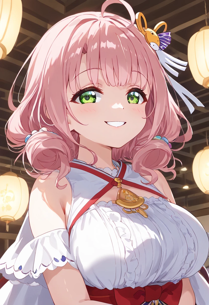 Anya Forger, Anya Forger, bangs, Green Eyes, Pink Hair, Ahoge, hair ornaments, Hair Pod, , woman, 7 years old ,, Live Stage, 巨大なchest, フォーマルドレスのsmile　Chika alone, MitsuriKanroji, nice, smile, chest, Underarm, White dress, natural soft light, Macaroons, Still mysterious, Crisp, smooth lines, radiant morning light, Soft light glow