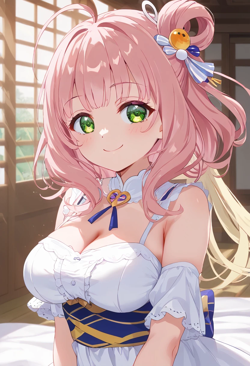 Anya Forger, Anya Forger, bangs, Green Eyes, Pink Hair, Ahoge, hair ornaments, Hair Pod, , woman, 7  ,, Live Stage, 巨大なchest, フォーマルドレスのsmile　Chika alone, MitsuriKanroji, nice, smile, chest, Underarm, White dress, natural soft light, Macaroons, Still mysterious, Crisp, smooth lines, radiant morning light, Soft light glow