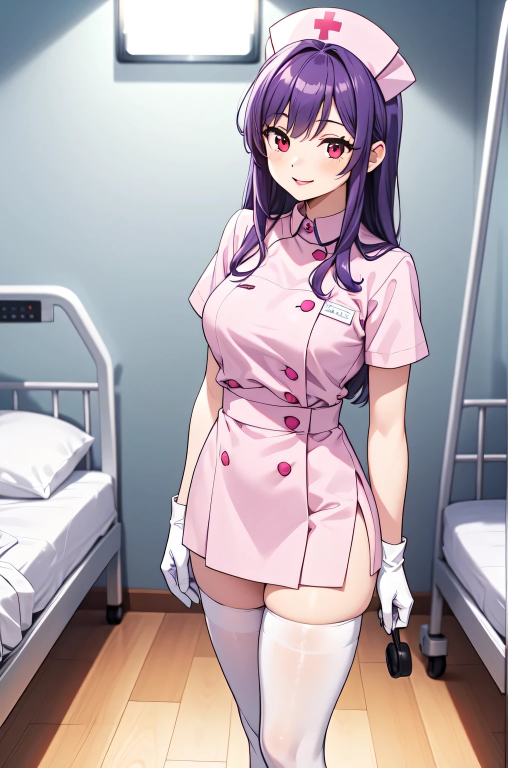 1woman, solo, nurse, white nurse cap, white nurse uniform, ((white legwear, zettai ryouiki)), white gloves, long hair, purple hair, red eyes, pink lips, smile, standing, ((hospital room)), sharp outline, short sleeves, mature female, 35 years old, best quality, masterpiece