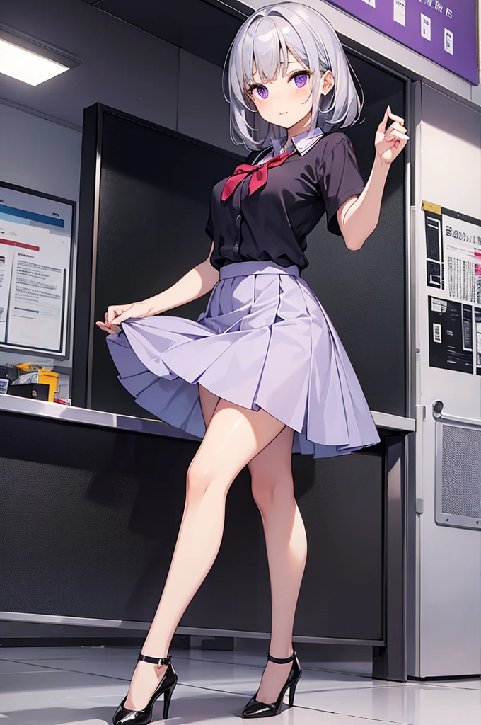 a pretty young girl dressed as a teacher, skirt, shirt, heels, silver hair, purple eyes
