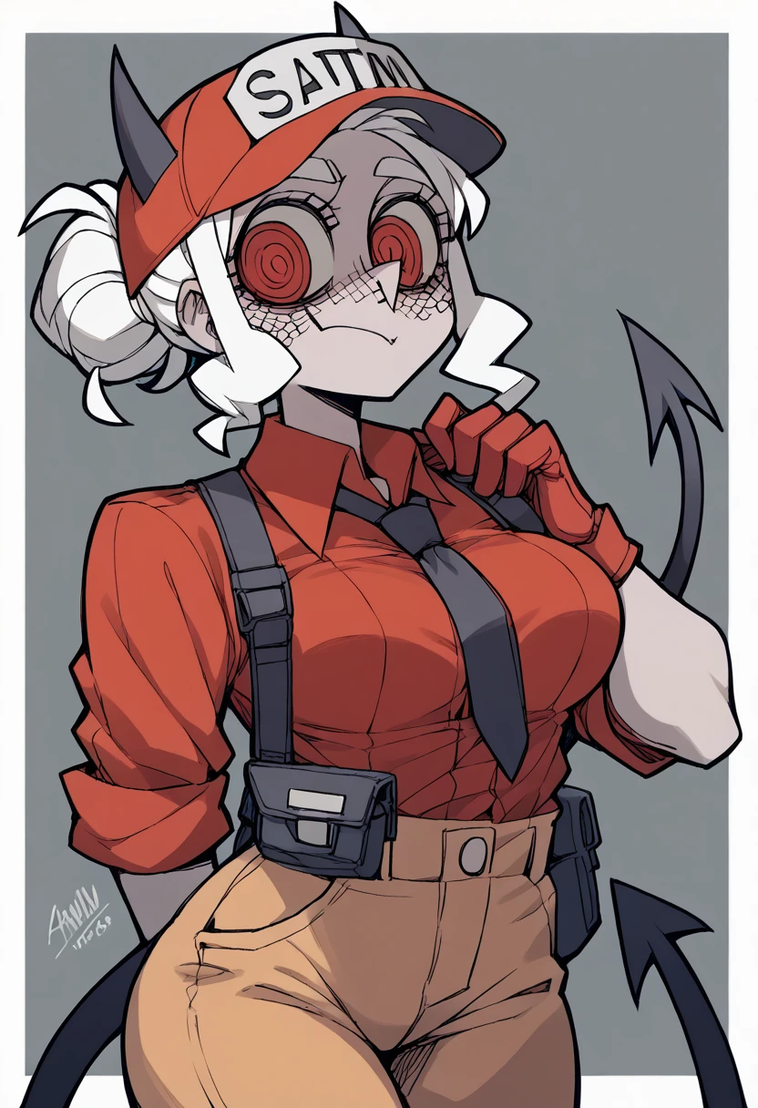 A female construction worker wearing an Adrian helmet, as a Helltaker demoness