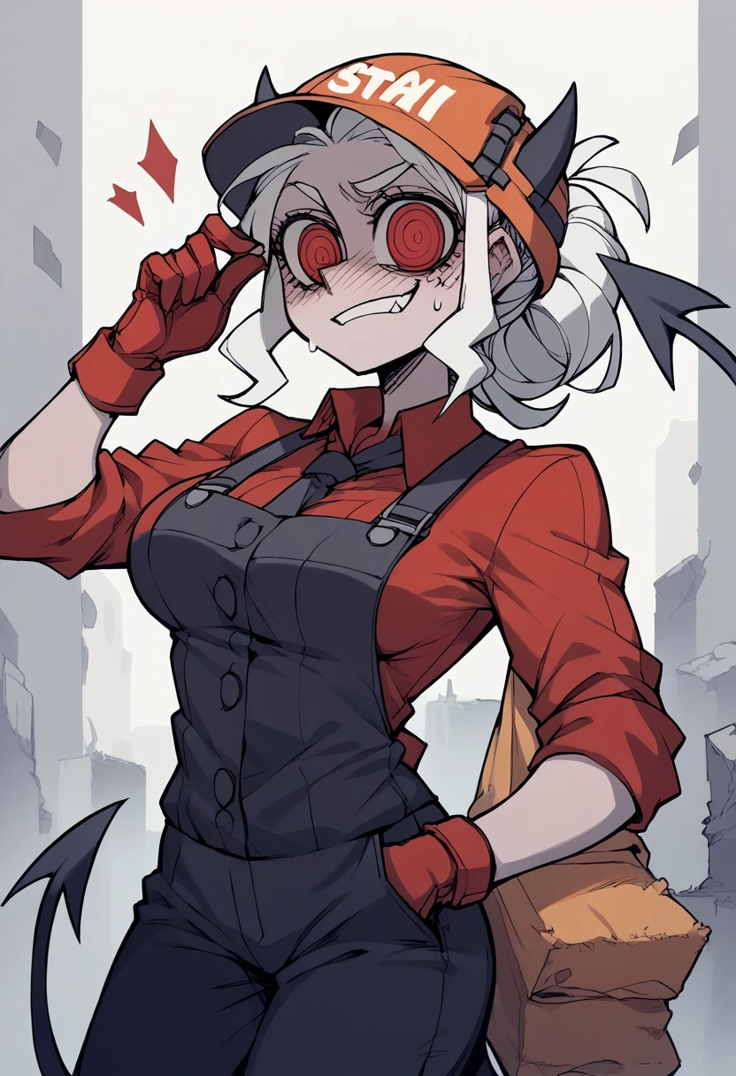 A female construction worker wearing an Adrian helmet, as a Helltaker demoness