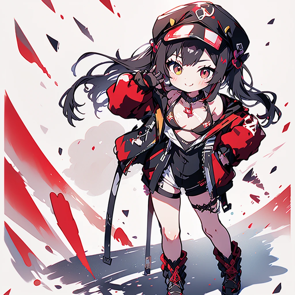 masterpiece, best quality, absurdres, perfect antomy, houshouBikini, 1girl, solo, heterochromia, red eyes, yellow eyes, ponytail, long hair, jewelry, baseball cap, sunglasses, eyewear on headwear, black jacket, open jacket, white shorts, short shorts, red bikini, string bikini, o-ring thigh strap, standing, smile
