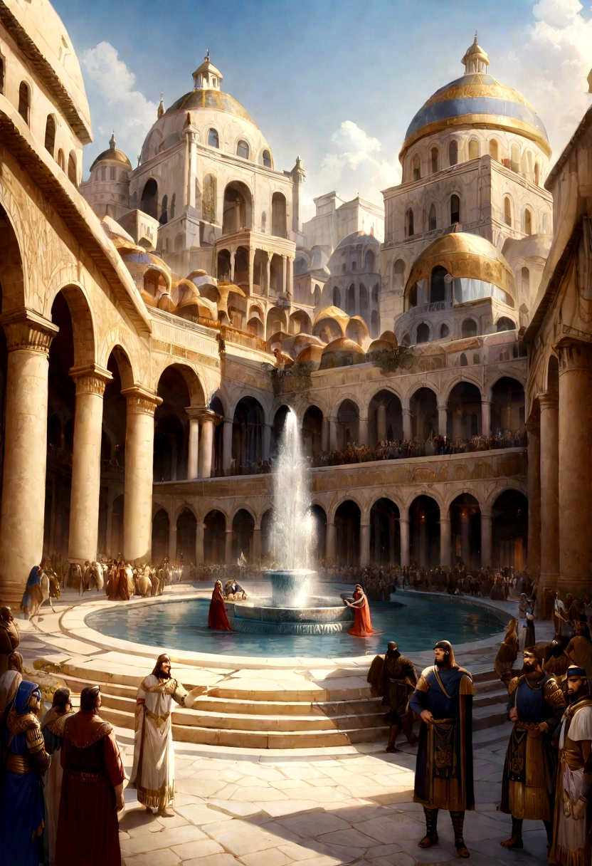 (best quality:1.2), (Realistic:1.5) city outdoor plazza, (majestic byzantine empire inspired architecture), crowded, fountain in the middle of the plazza