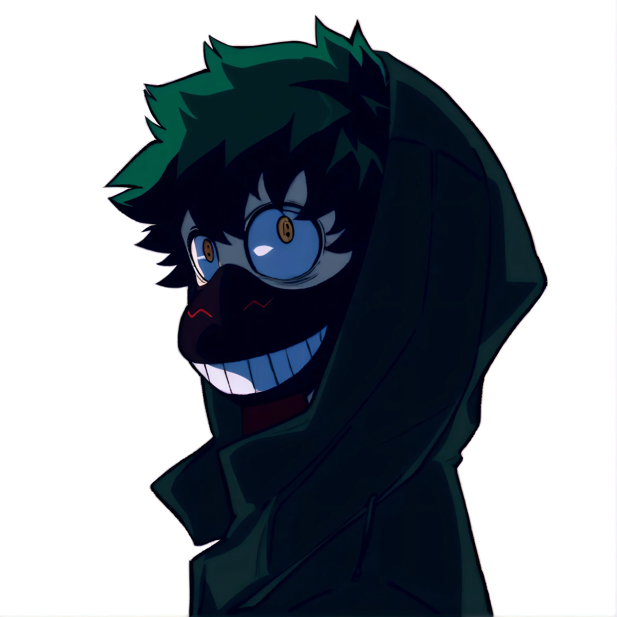 a cartoon image of a person with a hood on, [[[[grinning evily]]]], joker looks like naruto, in a hoodie, grinning lasciviously, izuku midoriya, unknown artstyle, portrait of ((mischievous)), unsettling grin, sly smile, smiling but has a temper, smug grin