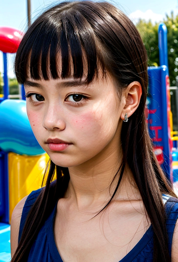 Best quality, masterpiece, super high resolution, (realistic: 1.4), original photo, head photo, skin, simple background, black eyes, detail, selfie, 1 girl, , on the playground side, looking at the audience,