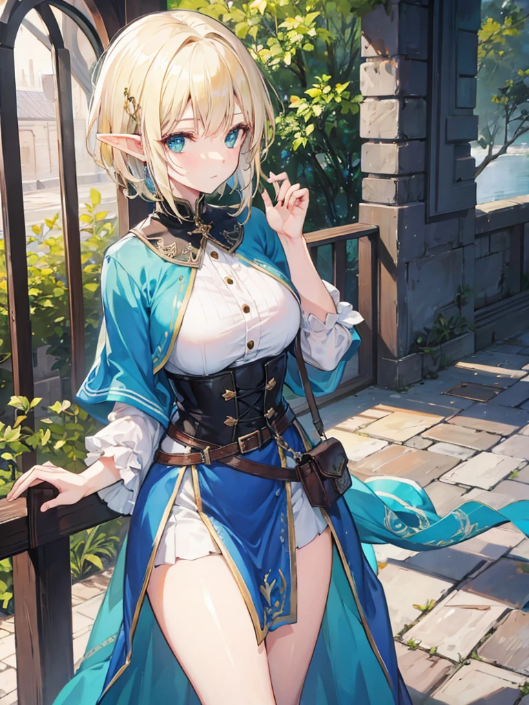 A woman elf with fair skin and short blonde hair. She have green eyes and wear the clothes of a medieval noblewoman. Color black.