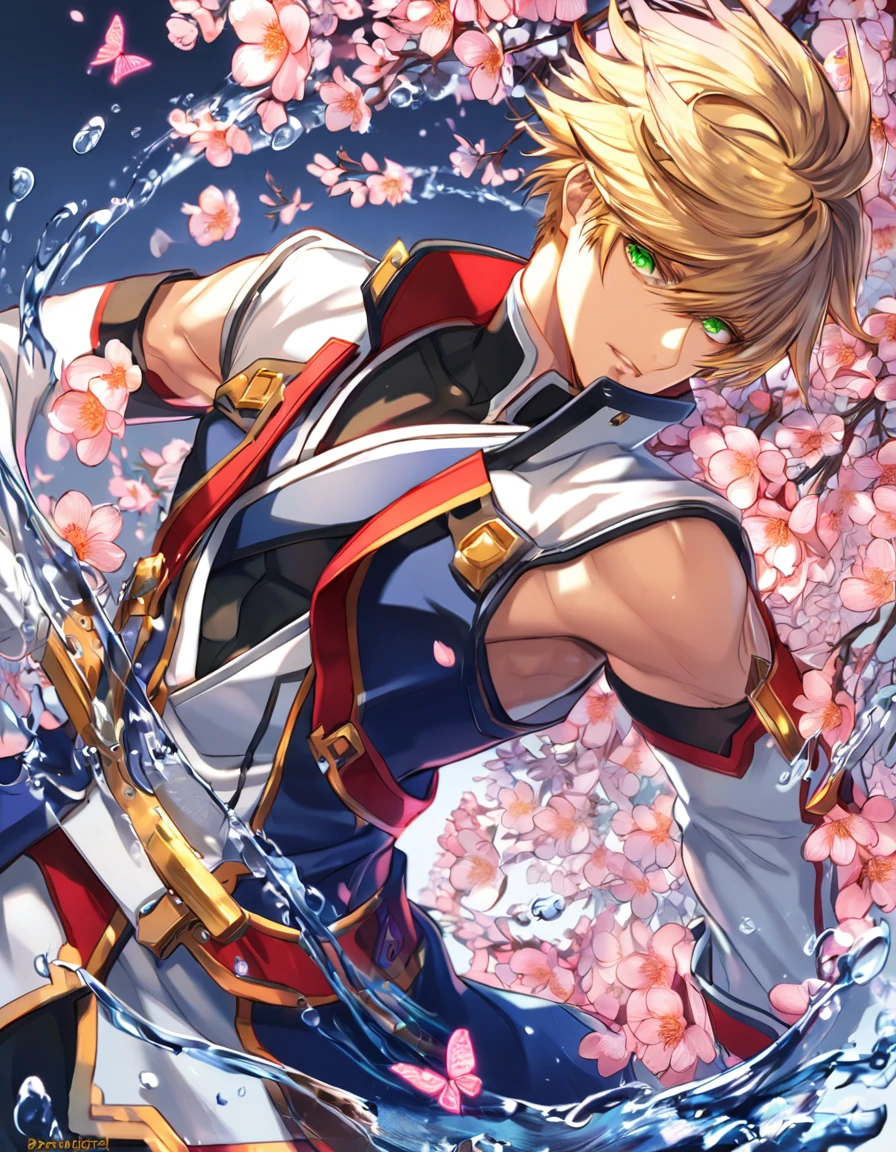 (absurdres, highres, ultra detailed, HDR) master piece, best quality, delicated features, Kisaragi Jin, short hair, stylish blond hair, expressive green eyes, Blazblue, he wears the Control Organization major uniform with a black turtleneck shirt under a white Japanese-style tunic, white gloves, jolting sapphire colored jacket with a red lining, detached sleeves, solo, sexy man, handsome, water, blossoms, pink butterflies, pink flowers