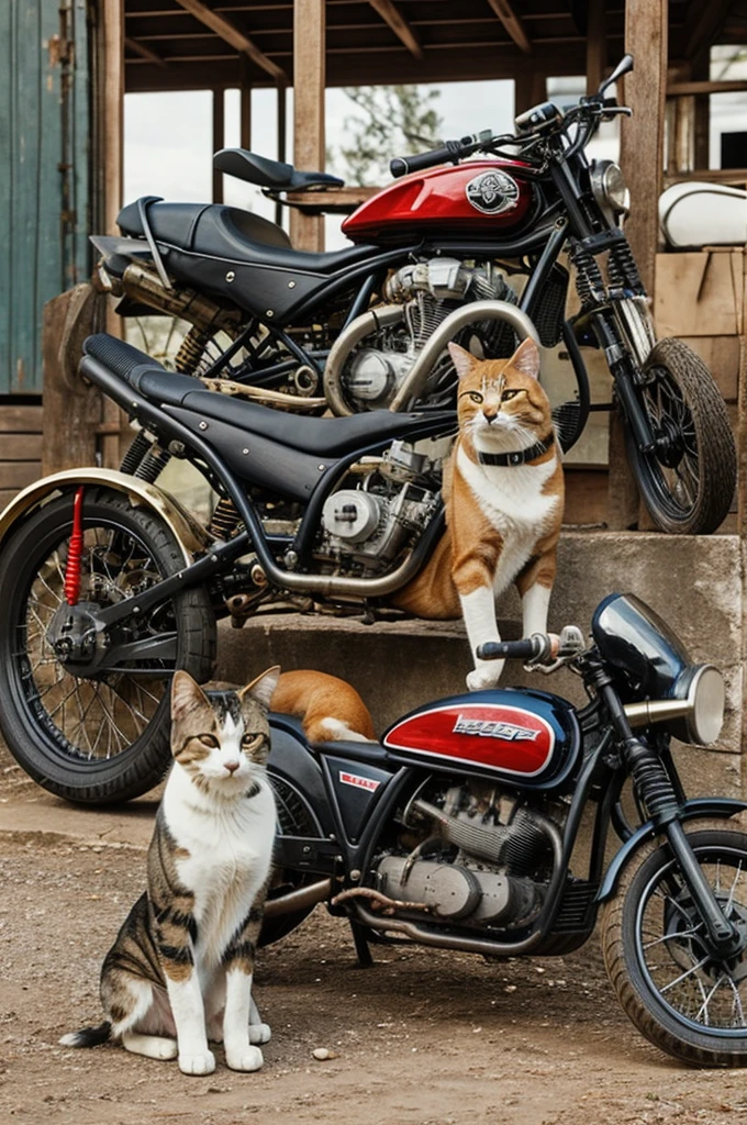 Dog and cats with helmet and motorcycle