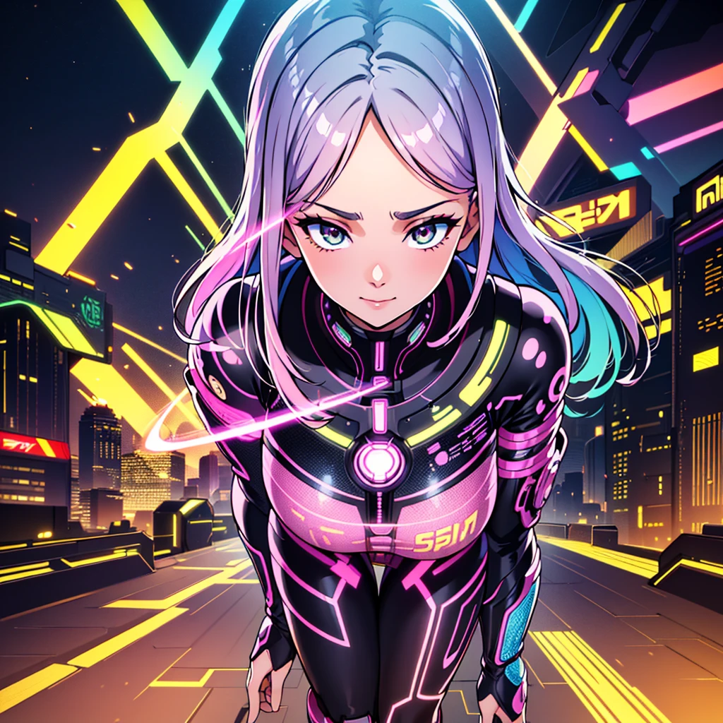 (masterpiece,ultora-detail,ultora-reality,high quality,High Quality - 3D,photograph,Highly Detailed CG Unity 8K Wallpaper,Cinematic Lighting,super front light),(((Far away from her))),15歳のbeautiful girl,Beautiful round eyes and detailed face,beautiful girl,Brilliant white skin,最高級のbeautiful girl,A beautiful face without wrinkles,Crazy Smile,とても小さい口のbeautiful girl,薄いピンク色の唇のbeautiful girl,とても小さい鼻のbeautiful girl,Narrow waist,super shiny hair,Army Jacket,Full Body Suit,Extremely complex pattern,Colorful color pattern,Fractal Pattern,Gradient color pattern,Zentangle Pattern,All the patterns shine brightly.,neon,futuristic,Neonpunkai,Future City,Cyber City,electronic space,cyberpunk2077