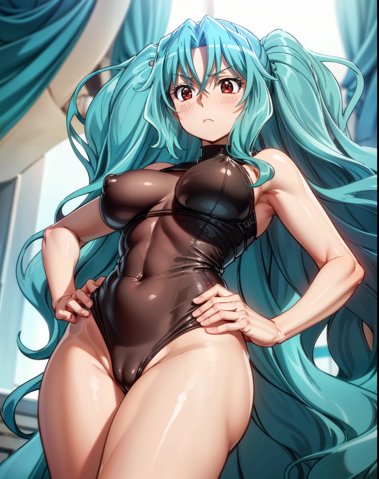 (Masterpiece, High Quality, Top quality, High-Detailed, Detailed CG, Cinematic Shadow, Cinematic Scene, Beautiful Detailed Eyes, Ultra Resolution, Depth of Field), Looking At The Audience, (Blush Expression:1.2), (Small Expression:1.2), (SFW:1.2), (Long Hair), (Turquoise-blue Hair), (Red Eyes), Five Fingers, Good Composition, Arms, (Leotard:1.2), (Blue Leotard:1.0), Thighs, Large Breasts, Huge Breast, Hips, Blur Background