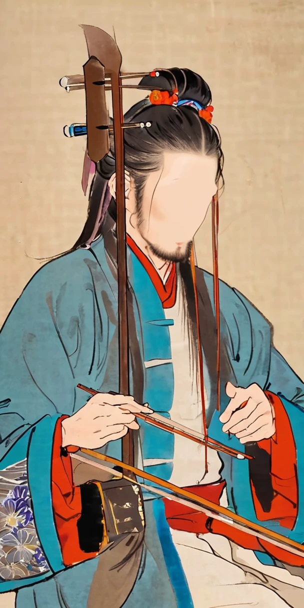 1man, young man, long hair,  western face, face detail, tall and thin, playing erhu,holding erhu, wearing hanfu, (((masterpiece,best quality))),((good structure,Good composition,good atomy)), ((clear, original,beautiful)),