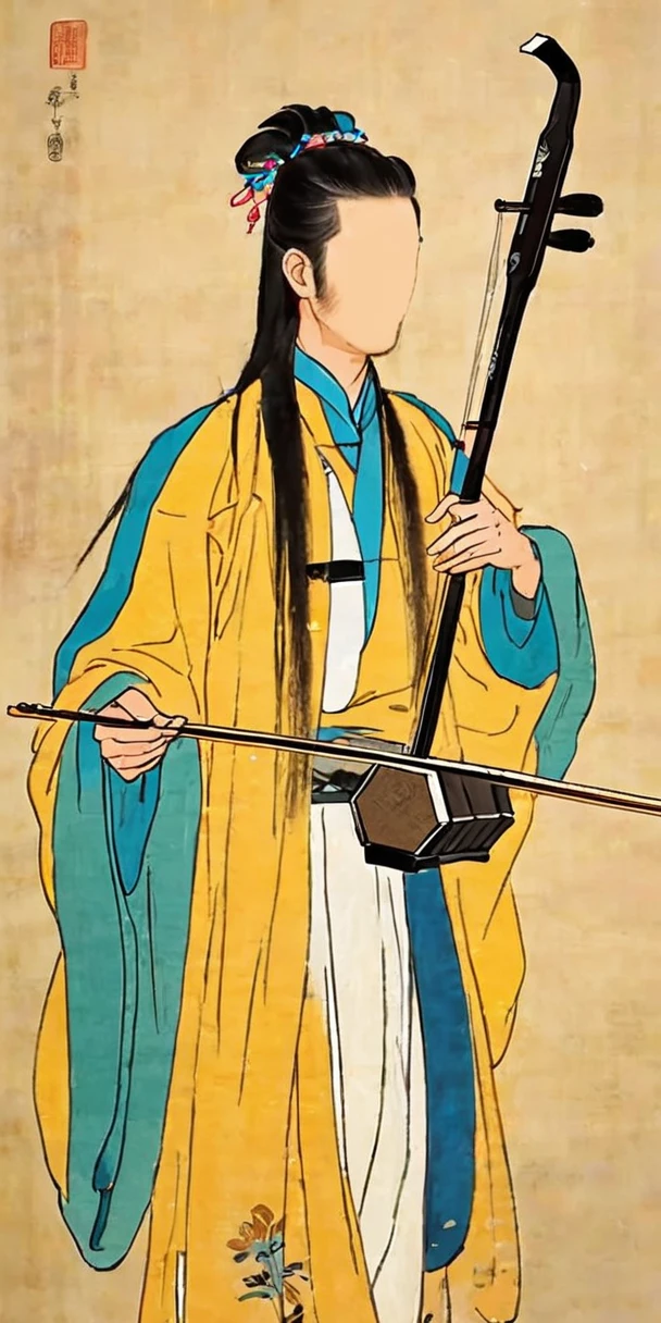 1man, young man, long hair,  western face, face detail, tall and thin, playing erhu,holding erhu, wearing hanfu, (((masterpiece,best quality))),((good structure,Good composition,good atomy)), ((clear, original,beautiful)),