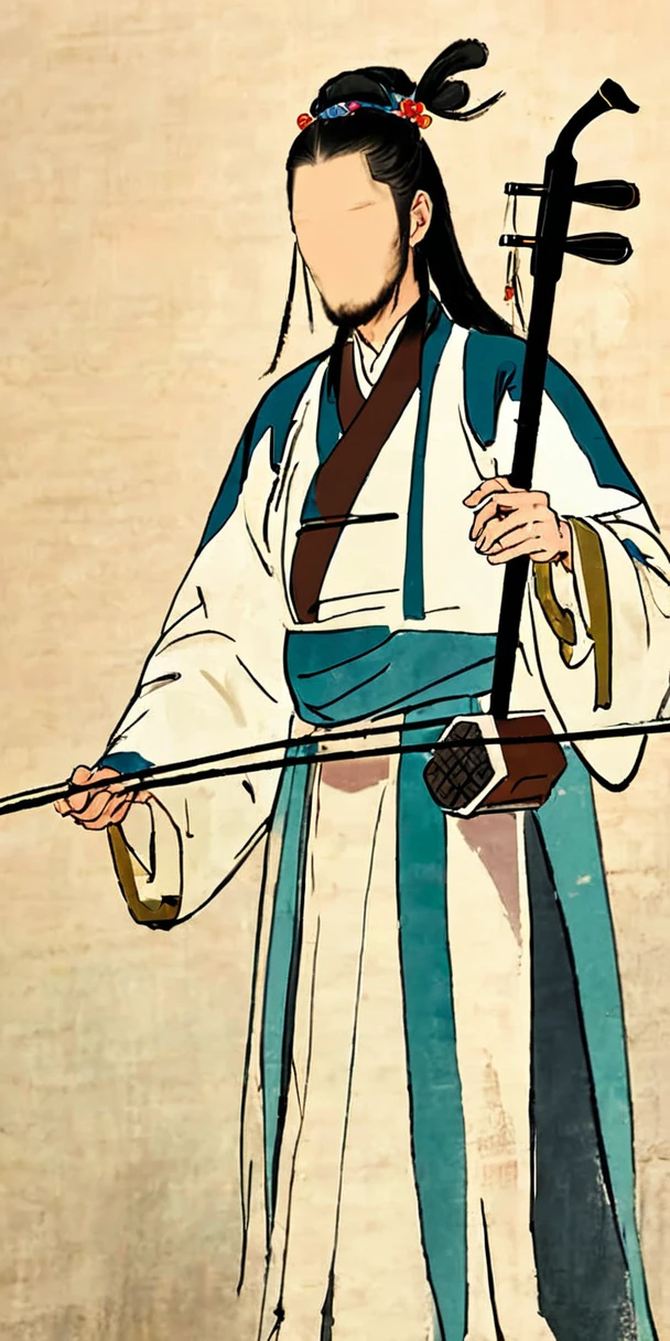 1man, young man, long hair,  western face, face detail, tall and thin, playing erhu,holding erhu, wearing hanfu, (((masterpiece,best quality))),((good structure,Good composition,good atomy)), ((clear, original,beautiful)),