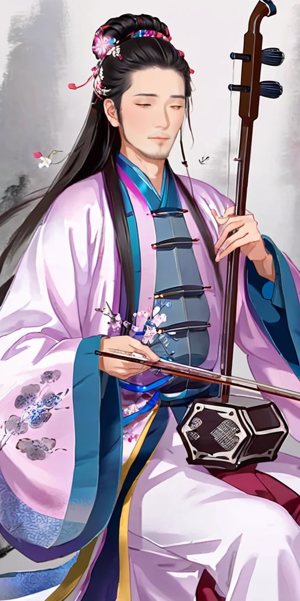 1man, young man, long hair,  western face, face detail, tall and thin, playing erhu,holding erhu, wearing hanfu, (((masterpiece,best quality))),((good structure,Good composition,good atomy)), ((clear, original,beautiful)),