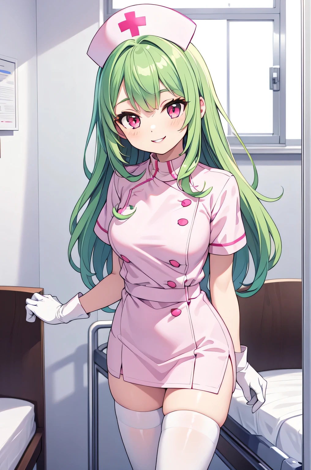 1woman, solo, nurse, white nurse cap, white nurse uniform, ((white legwear, zettai ryouiki)), white gloves, forehead, long hair, green hair, pink eyes, pink lips, smile, standing, ((hospital room)), sharp outline, short sleeves, mature female, 35 years old, best quality, masterpiece