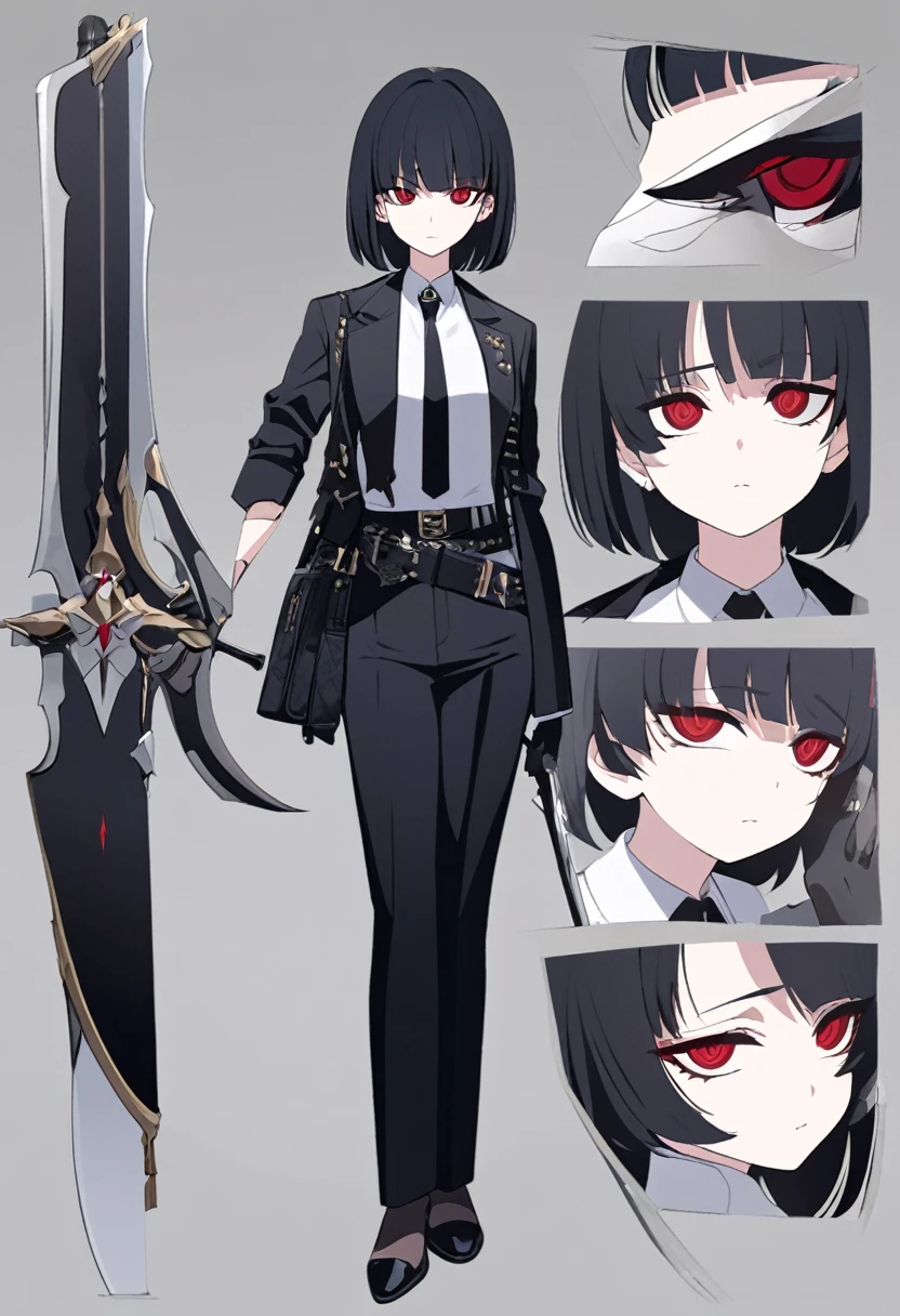 One woman,Dynamic,whole body,Are standing,mysterious,Concept Art,Character Design,Jet black straight hair,The bangs are trimmed to accentuate the eyes.,Well-proportioned face,Sharp Eyes,White shirt,Black tie,Black slacks,Silver cufflinks on the left hand,On the ring finger of her right hand she wears a simple silver ring.。Luxury watches,Black leather shoes,beltでウエストラインを強調,Stylish,Red eyes,belt,Stylish,Simple background gray,Details,Okabo Hair,Half-open eyes,Cool appearance,,Black gloves,Short Hair,Narrow eyes,Accentuated body lines,Has a sword on his waist,