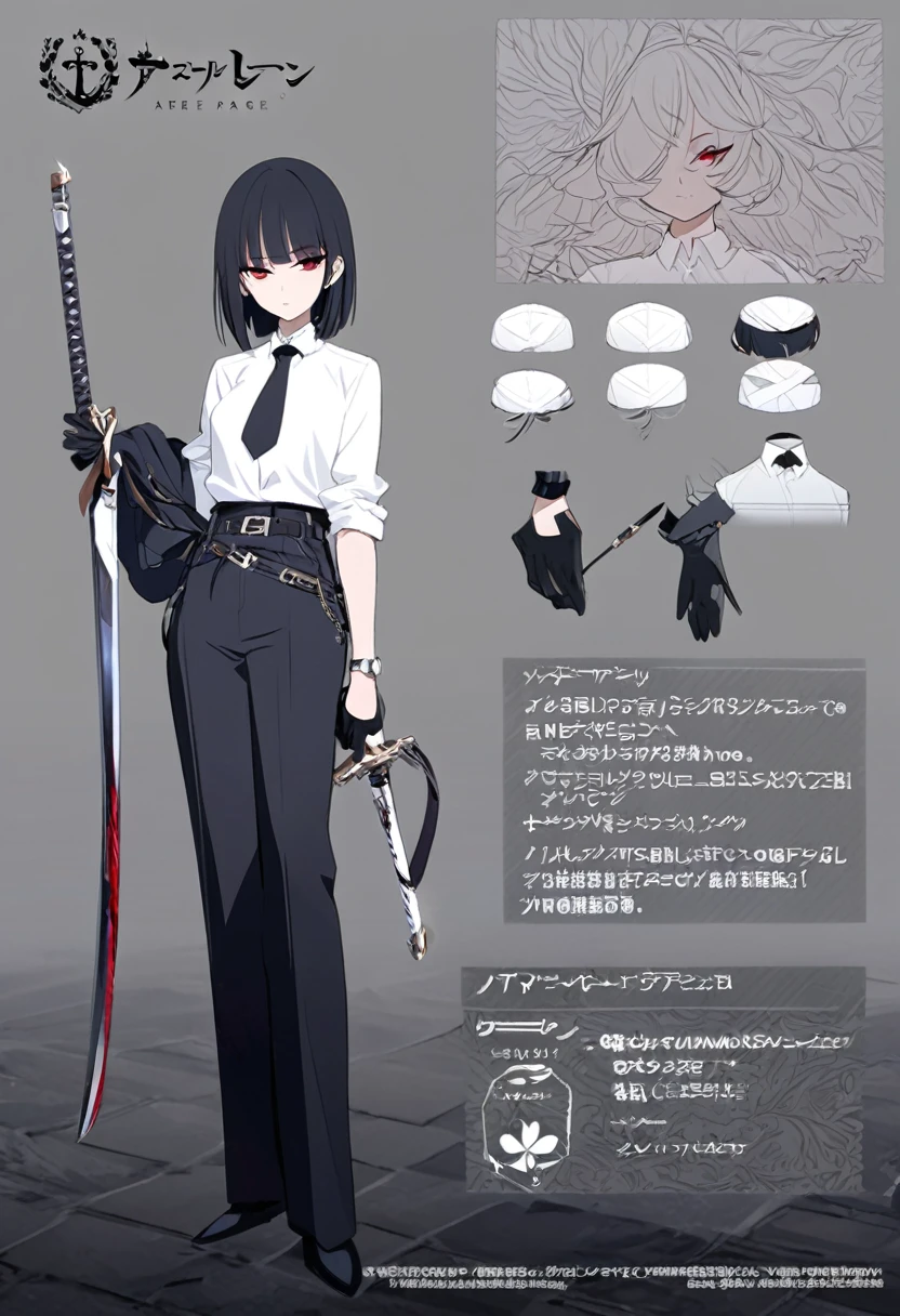 One woman,Dynamic,whole body,Are standing,mysterious,Concept Art,Character Design,Jet black straight hair,The bangs are trimmed to accentuate the eyes.,Well-proportioned face,Sharp Eyes,White shirt,Black tie,Black slacks,Silver cufflinks on the left hand,On the ring finger of her right hand she wears a simple silver ring.。Luxury watches,Black leather shoes,beltでウエストラインを強調,Stylish,Red eyes,belt,Stylish,Simple background gray,Details,Okabo Hair,Half-open eyes,Cool appearance,,Black gloves,Short Hair,Narrow eyes,Accentuated body lines,Has a sword on his waist,