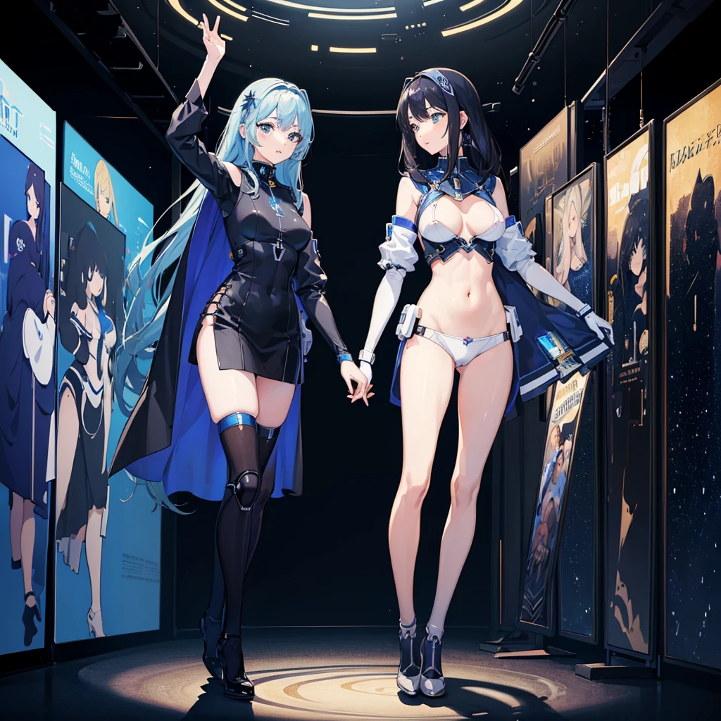 (masterpiece:1.2) (((32k))),(((Highest quality))),(Perfect One Woman) masterpiece, add_detail best quality, perfect anime girl, goddess, sexy, Poster, Futuristic, blue shades, robotic girl, 2 girls dancing in a space shuttle