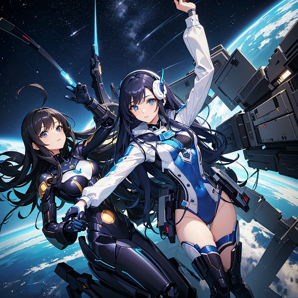 (masterpiece:1.2) (((32k))),(((Highest quality))),(Perfect One Woman) masterpiece, add_detail best quality, perfect anime girl, goddess, sexy, Poster, Futuristic, blue shades, robotic girl, 2 girls dancing in a space shuttle