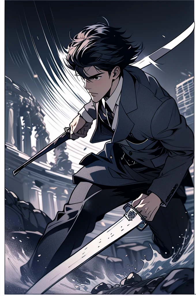 masterpiece, 20 years old man wearing a suit jacket, holding sword, highres,sharp focus,(ultra detailed,extremely detailed),