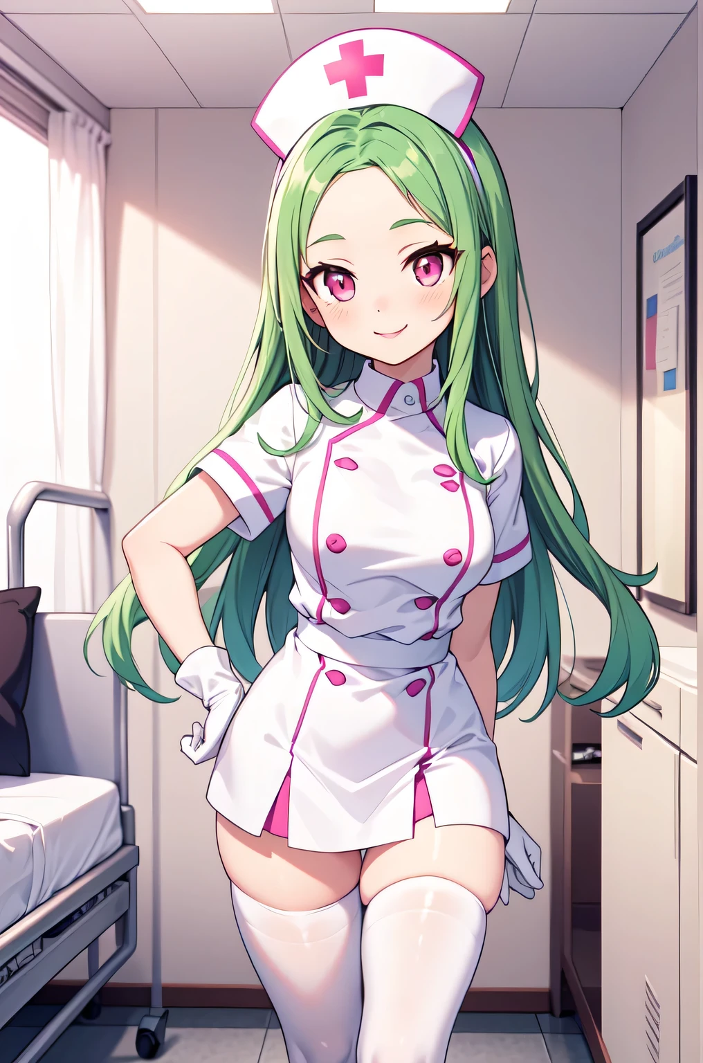 1woman, solo, nurse, white nurse cap, white nurse uniform, ((white legwear, zettai ryouiki)), white gloves, forehead, long hair, green hair, pink eyes, pink lips, smile, standing, ((hospital room)), sharp outline, short sleeves, mature female, 35 years old, best quality, masterpiece