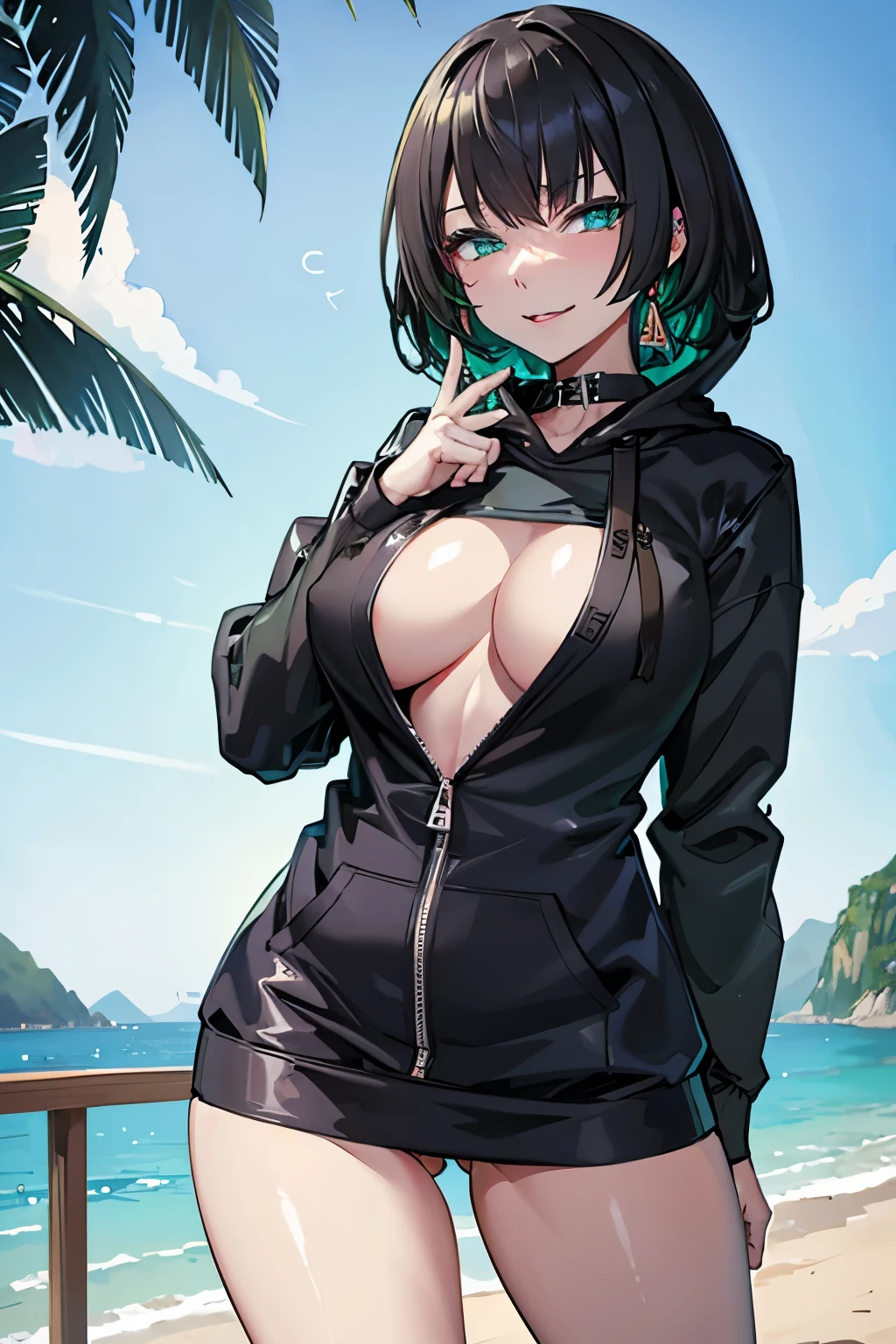 masterpiece, Highest quality, 1 person,( Large Breasts,Are standing, View your audience,),Detailed Background、A person who writes in detail、Accurate human body、Knowledgeable person、Accurate 5-finger,Mature Woman,Thighsが太い,Cruby Body,allmind,Long sleeve、Thighs、alone,((Oversized hoodie,)),slave collar,( open legs),((zettairyouiki)),(pussy juice)