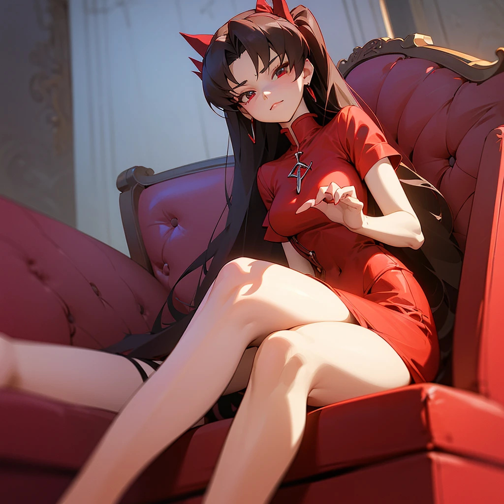 Anime girl in red dress sitting on sofa, Rin Tohsaka, , A succubus in a short, tight dress., Charming anime girl, breasts covered and NRF, anime cel shading, anime style 3d, Cell - Shaded Art Style, (NRF) safe for work, anime flirting magic handsome witch, NRF version, Cell-shaded adult animation