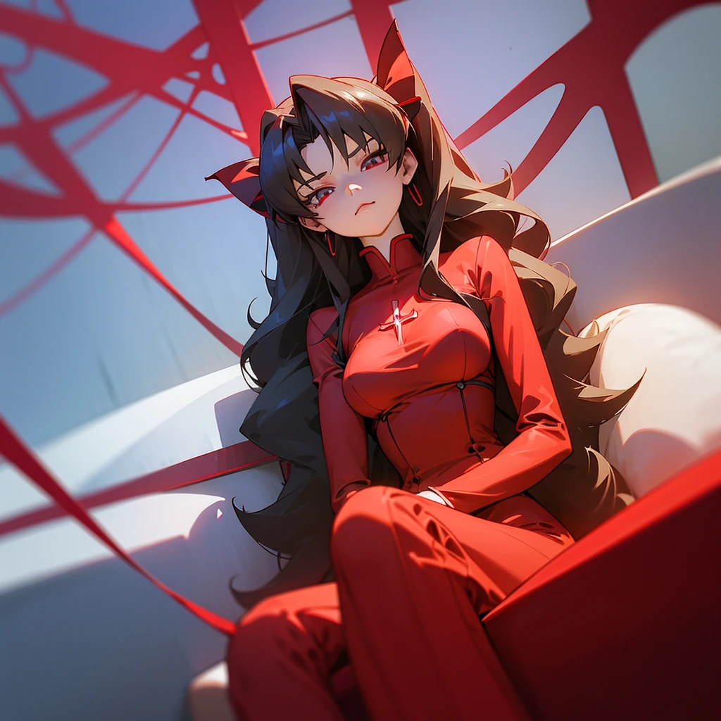 Anime girl in red dress sitting on sofa, Rin Tohsaka, , A succubus in a short, tight dress., Charming anime girl, breasts covered and NRF, anime cel shading, anime style 3d, Cell - Shaded Art Style, (NRF) safe for work, anime  magic handsome witch, NRF version, Cell-shaded adult animation