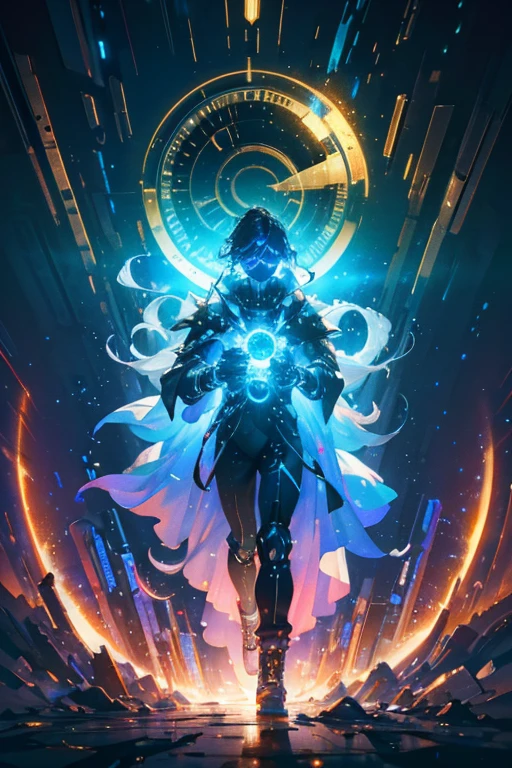 (8K), Ultra-resolução 8K, Stunning illustration of a splendid celestial, Galactic fragmentation, Ethereal Hero, Warrior Prince, (Cyberpunk transparent mask: 1.3), Cosmic glasses (Time machine in your hand: 1.7), Fluid luminous white robe , celestial explorer emerging from a portal, (ultra-detailed masterpiece: 1.7) cinematic lighting