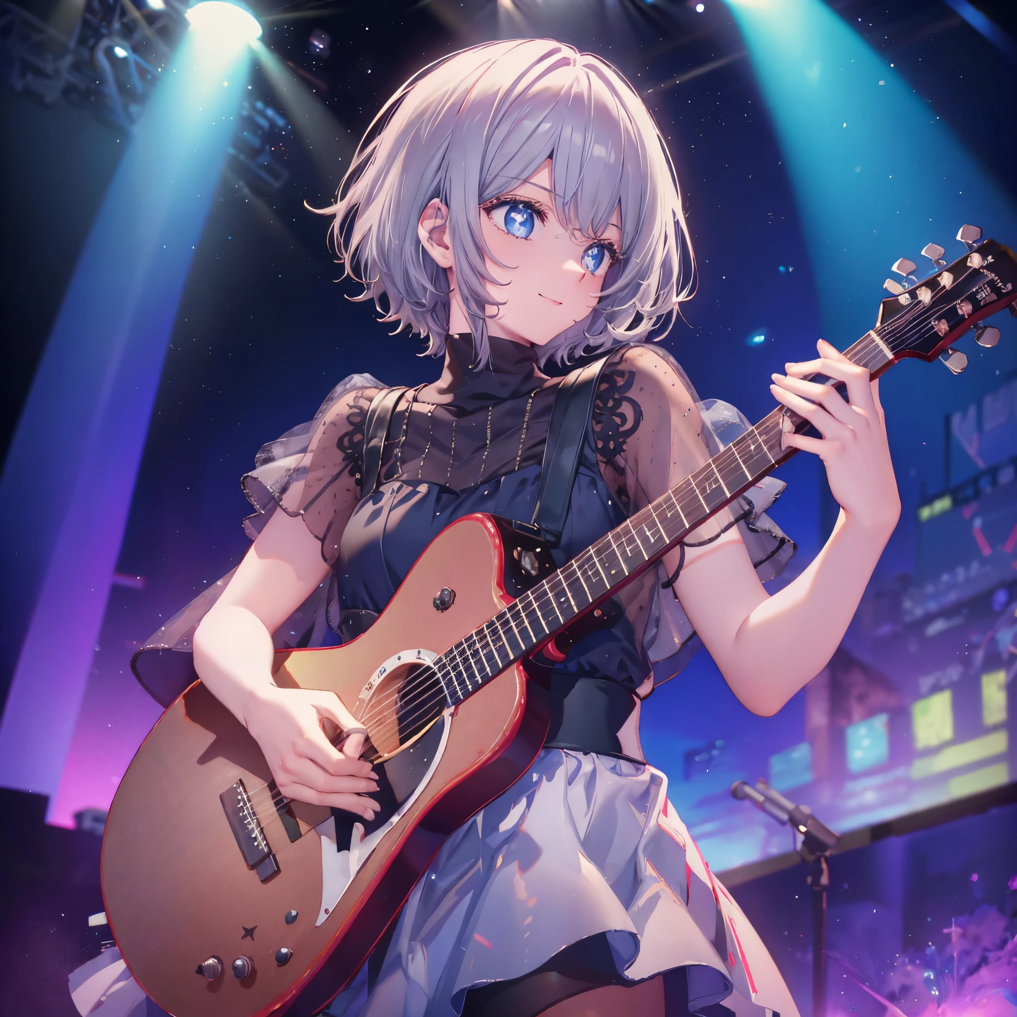 (((1 person　Gray Hair　dress　singer　blue eyes)))　((High resolution　short hair　青いdress　Black Skirt　Rin々Funny face))　((Close-up))　((Sing a song　Shining Aura　On stage　Guitar solo))　(smile　Exposure to blue light)　Shining Background　Shining Edge