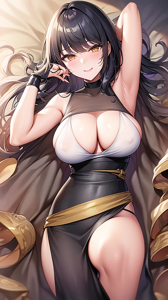 masterpiece, Highest quality:1.2),8K, 4K High Resolution, Very detailed, High-quality texture,High detail, High Quality Shadows, Beautiful and delicate down to the last detail, Beautiful and delicate eyes、One Woman, alone,Shiny skin、Very large breasts、very thick legs、Are standing、Composition from the front、smile、look forward to、Black Hair、Stand up straight,Looking into the camera、Draw a face、Golden Eyes、short hair、Written boundary depth、Shiny black tight skirt、Sleeveless white business shirt、Wrap a belt around your waist、Please show me your armpits、Armpit-exposing positions、Gold Necklace、black tights、See-through clothing、Wear outerwear、