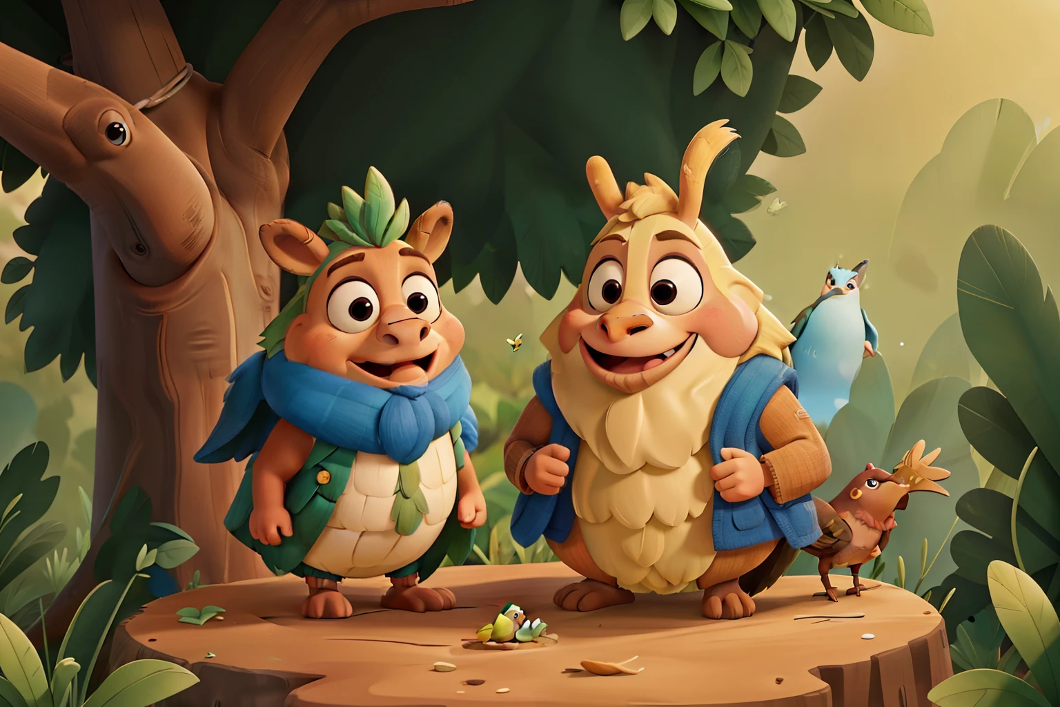 Bartholomew, o burro, with a friendly and helpful expression, helping a bird build a nest in a tree.
