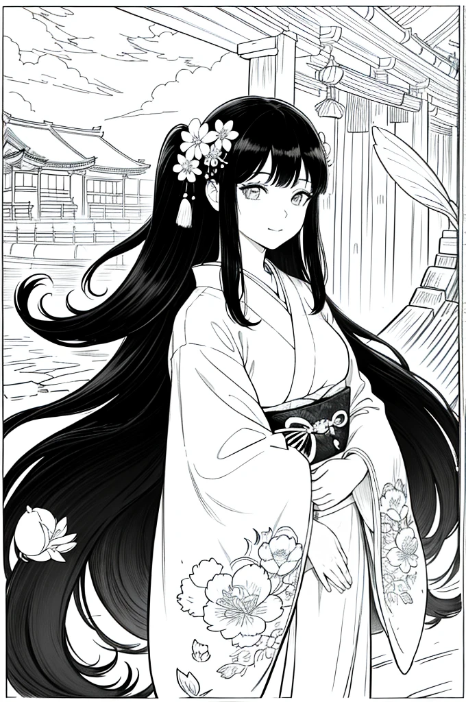 As a coloring book, the color should be black and white, the border should be simple, clear, and bold. [Girl with long black hair] wearing a [kimono with cherry blossom pattern] visiting [Kiyomizu-dera temple] in Kyoto, Japan, with [sakura hair ornaments]