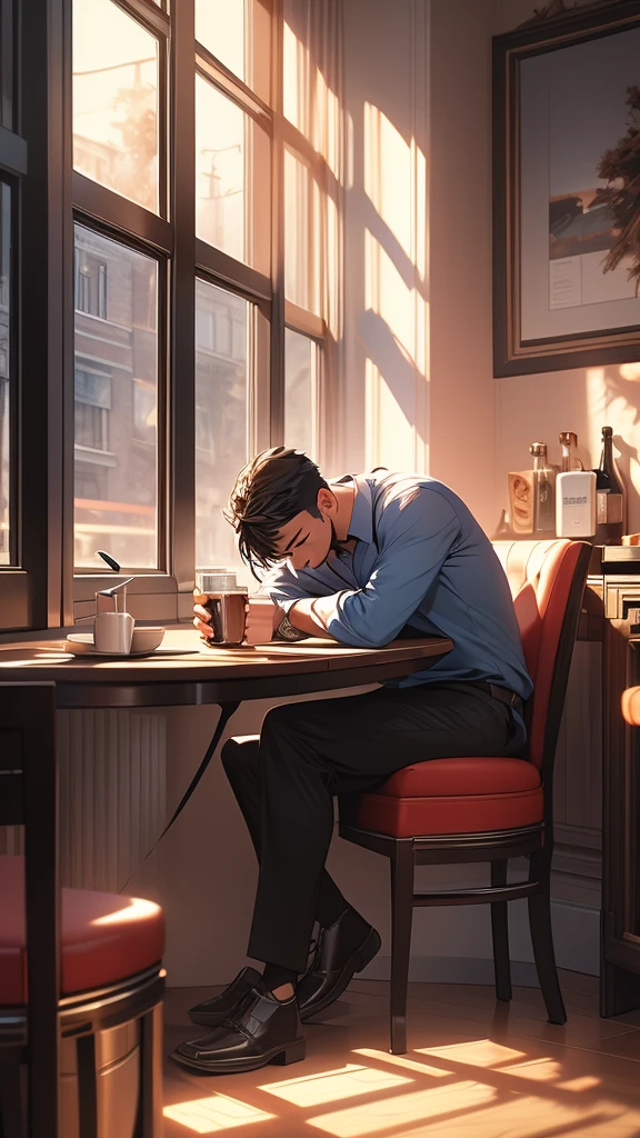 (Extremely detailed CG unified 8k wallpaper),(masterpiece), (best quality), (Super detailed), (Best illustration),(The best shadow), A man，Drink coffee，Stand by the window，black hair，It&#39;s dark indoors，The city lights outside the window are bright，silence，White T-shirt，jeans，Half-length photo