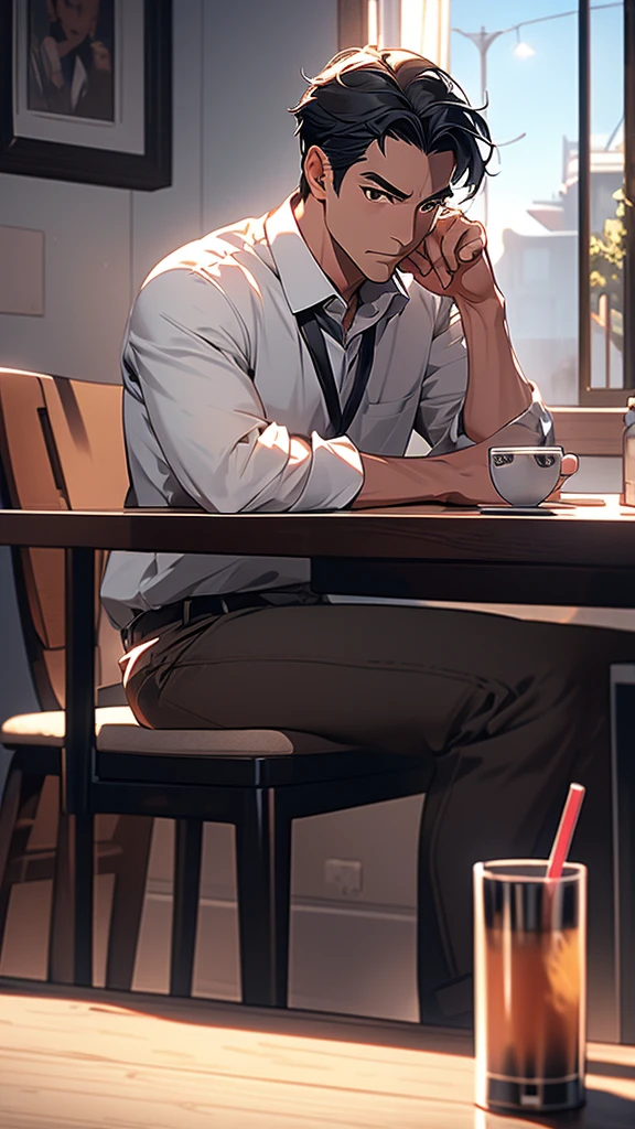 (Extremely detailed CG unified 8k wallpaper),(masterpiece), (best quality), (Super detailed), (Best illustration),(The best shadow), A man,Drink coffee,Stand by the window,black hair,It's dark indoors,The city lights outside the window are bright,silence,White T-shirt,jeans,Half-length photo