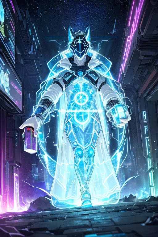 (8K), Ultra-resolução 8K, Stunning illustration of a splendid celestial, Galactic fragmentation, Ethereal Hero, Warrior Prince, (Cyberpunk transparent mask: 1.3), Cosmic glasses (Time machine in your hand: 1.7), Fluid luminous white robe , celestial explorer emerging from a portal, (ultra-detailed masterpiece: 1.7) cinematic lighting
