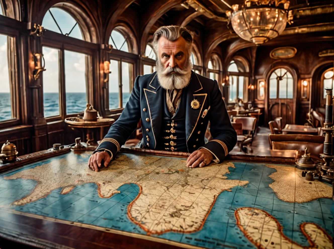 photo focus a table with a map, indoors, realistic scenery, (captain nemo:1.1), retro-futuristic,  looking at a map, ocean map, steampunk nautilus-style. very wide shot, character photo landscape, film, professional, 4k