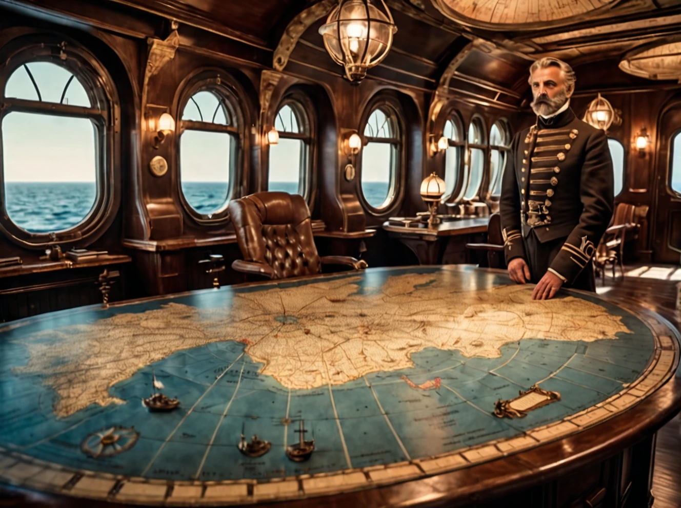 photo focus a table with a map, indoors, realistic scenery, (captain nemo:1.1), retro-futuristic, looking at a map, ocean map, steampunk nautilus-style. very wide shot, character photo landscape, film, professional, 4k